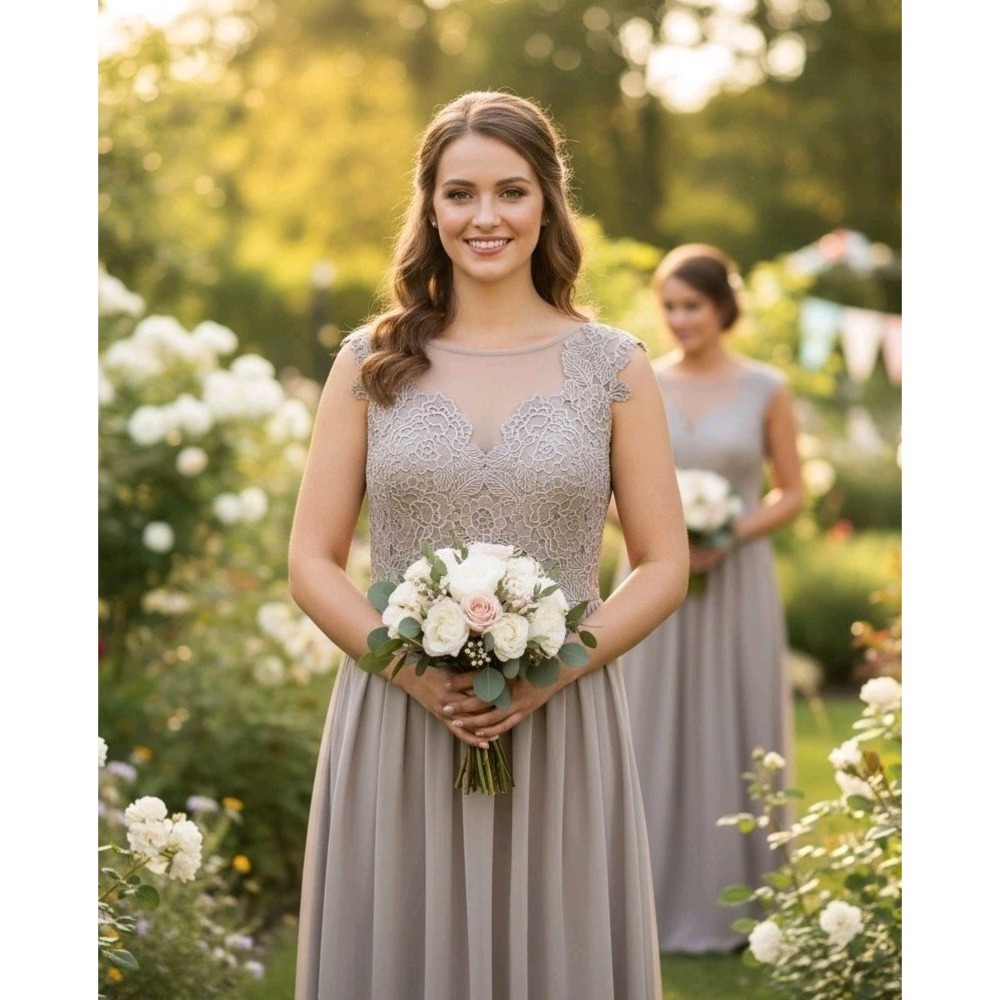 Renz‎ Bridal Maxi Dress 12 Taupe Chiffon & Lace Illusion V-back Bridesmaid NWT